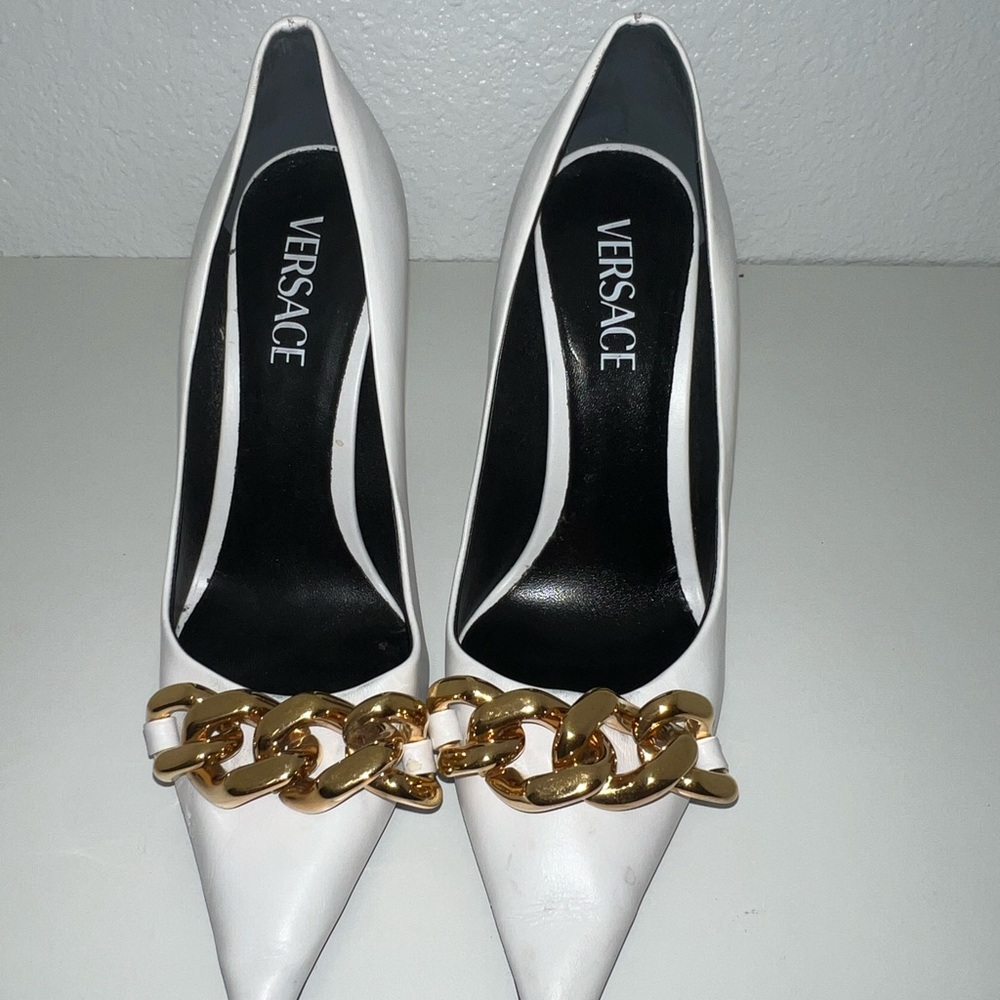 Versace White and Gold Chain Embellished Heels